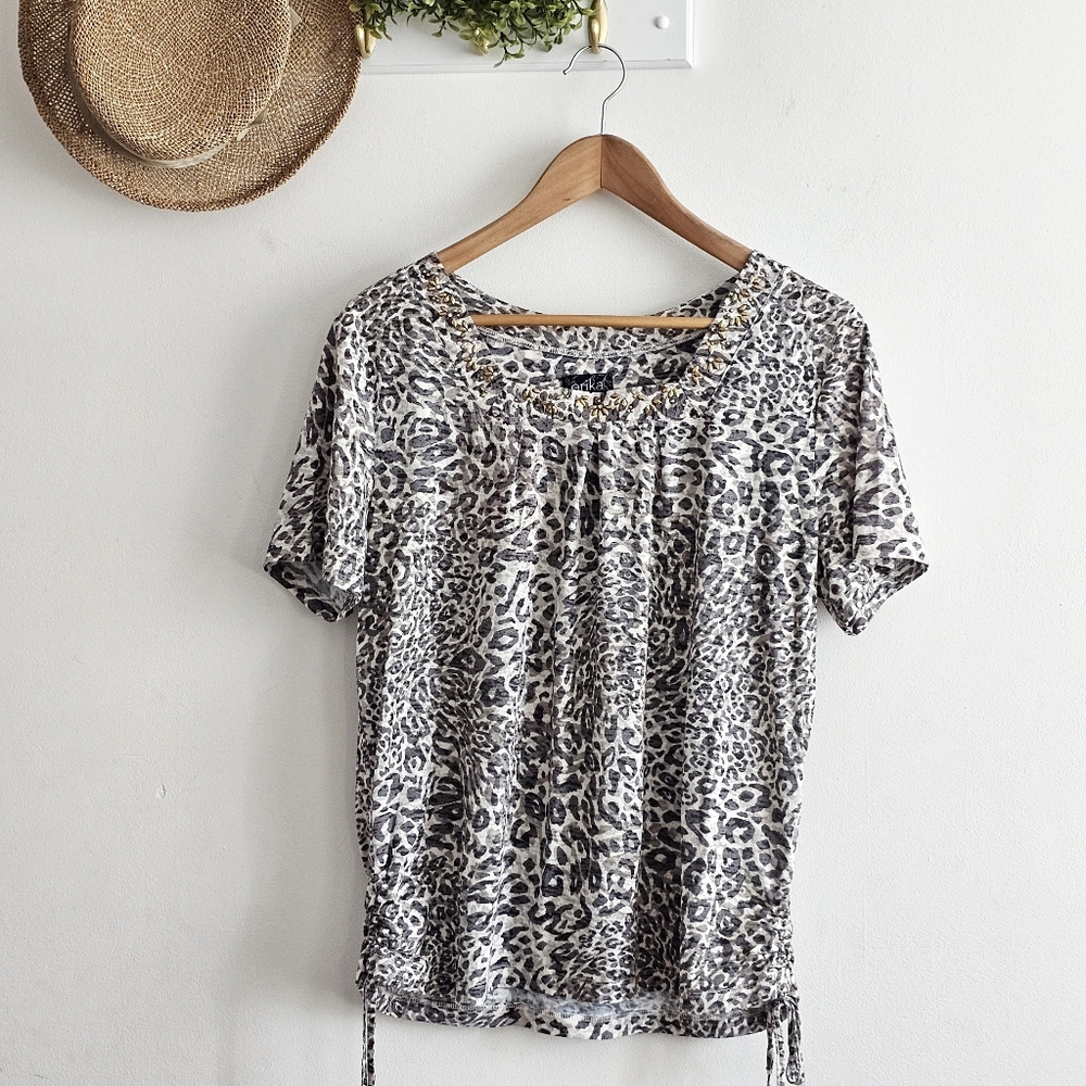 Erika Leopard Print Embellished Neckline Top Size L Animal Print Tie Hem